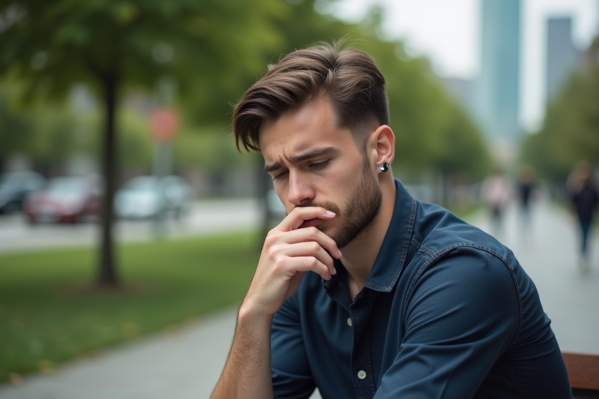 Jeune homme assis sur un banc de parc en ville