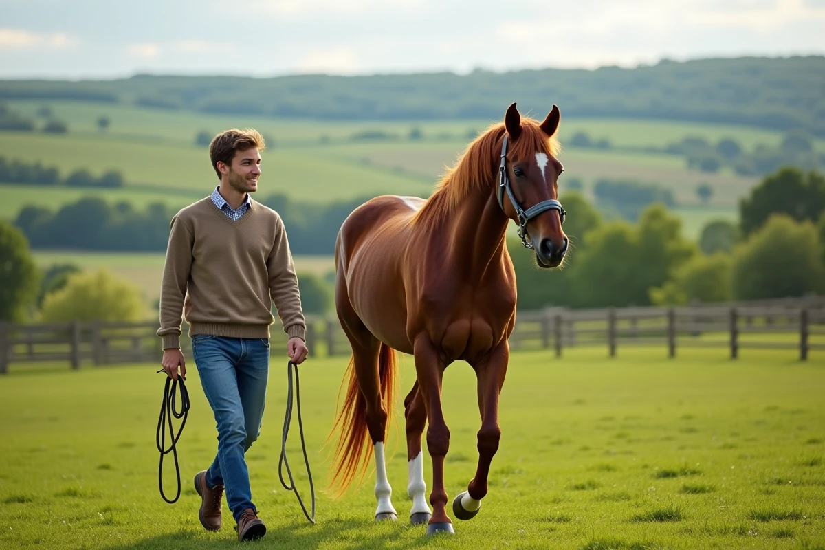 Jeune homme en jeans dans un paddock avec un cheval chestnut