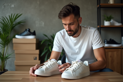 Jeune homme examinant des sneakers dans un appartement moderne