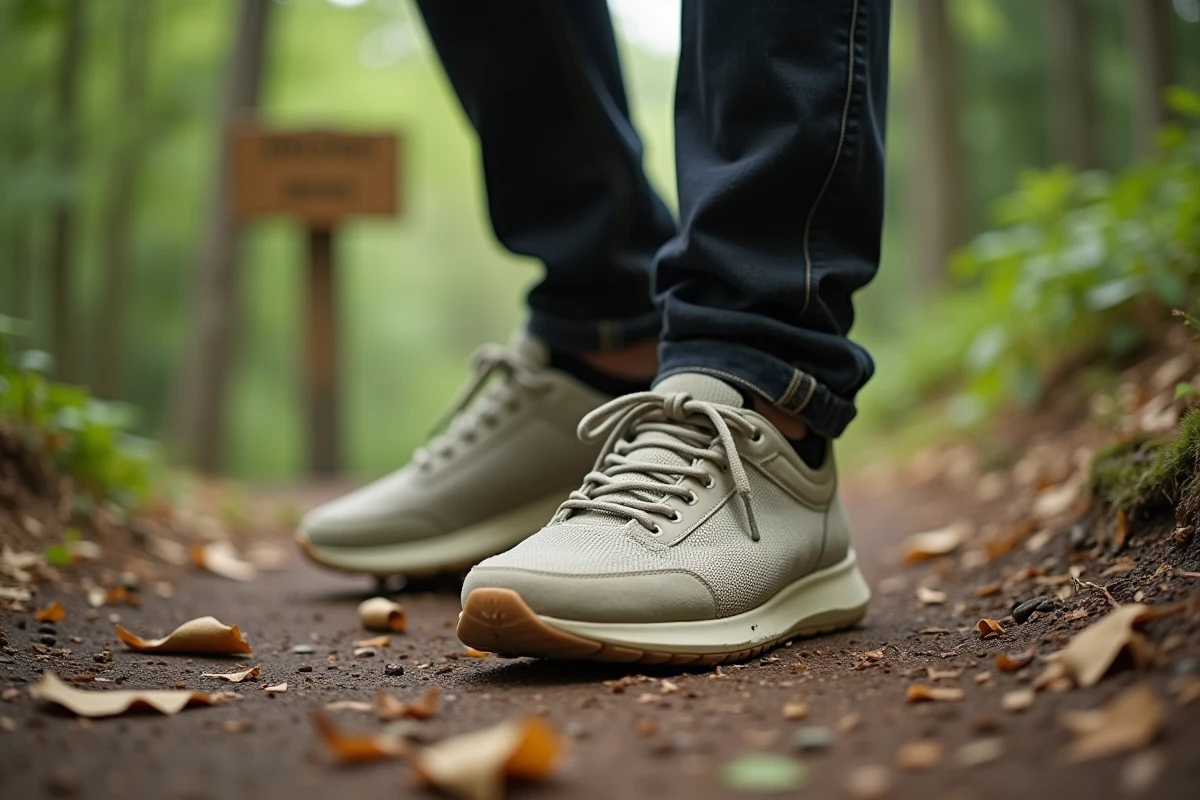 Jeune homme marchant avec des sneakers écologiques en forêt