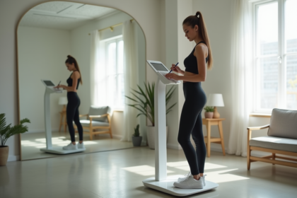 Jeune mannequin en streetwear minimaliste sur une balance