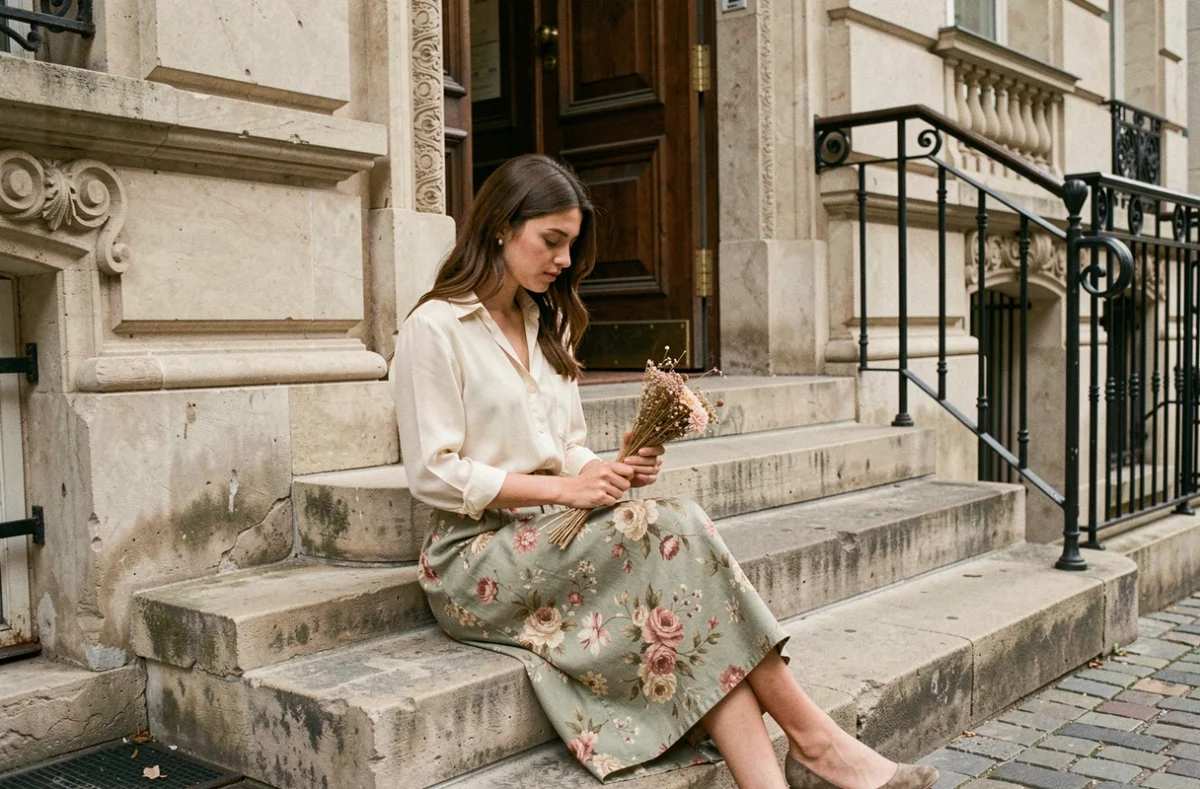 Jeune femme en jupe fleurie vintage assise sur des marches parisiennes tenant un bouquet de fleurs séchées