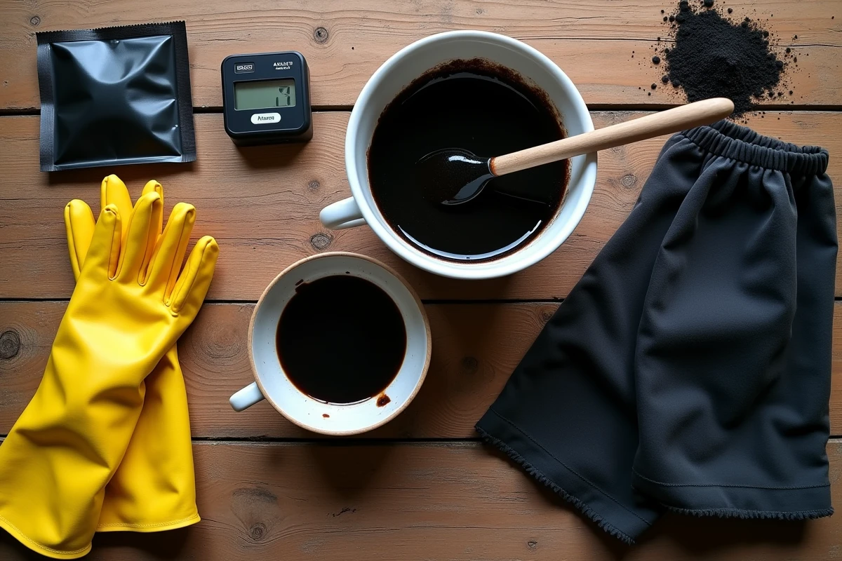 Vue de dessus d'un kit complet pour teindre des vêtements en noir : sachet de teinture, gants en caoutchouc, bol avec résidu de teinture noire, bâton en bois et tissu coton teint disposés sur une table en bois
