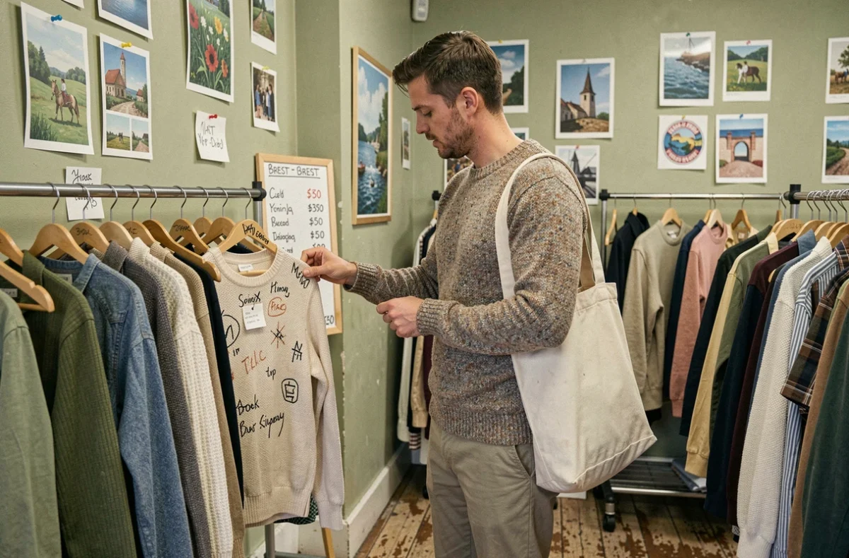 Un homme en pull vintage inspecte une étiquette de prix dans La Pince, friperie accessible à Brest
