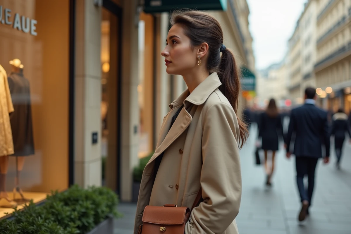 Jeune femme élégante en trench beige faisant du lèche-vitrine sur l'Avenue Montaigne à Paris devant une boutique de luxe