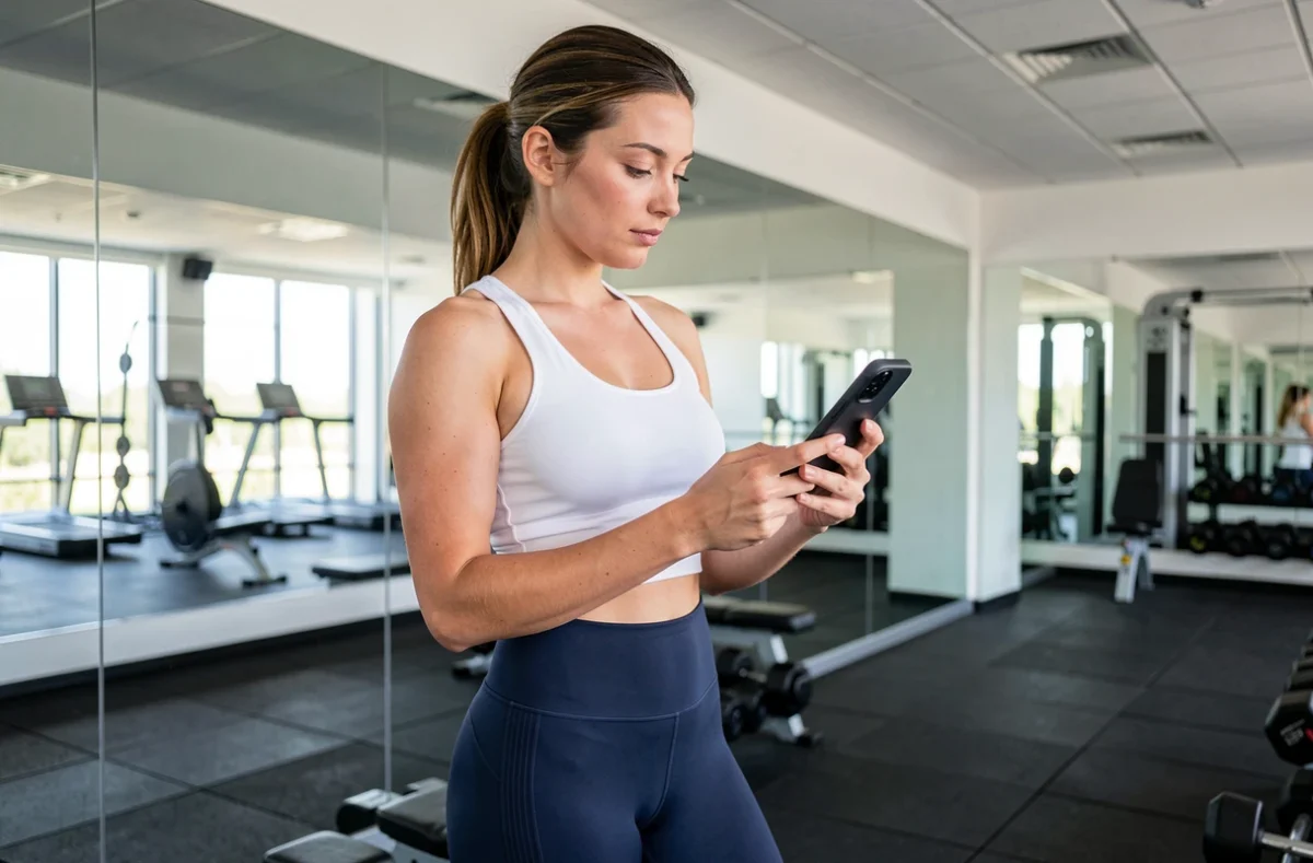 Femme portant un legging minceur compression dans une salle de sport moderne consultant des avis en ligne