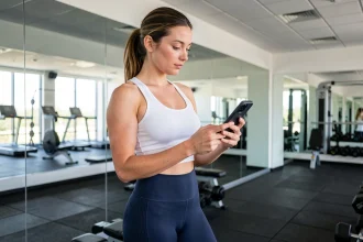 Femme portant un legging minceur compression dans une salle de sport moderne consultant des avis en ligne