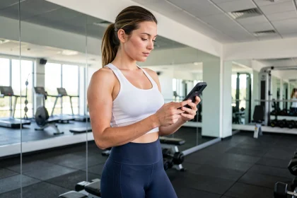 Femme portant un legging minceur compression dans une salle de sport moderne consultant des avis en ligne