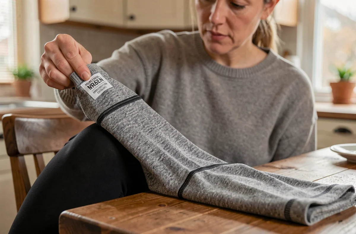 Femme analysant l'étiquette et la qualité d'un legging minceur à la maison avant achat