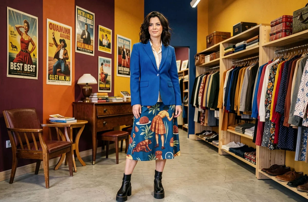 Une femme en look vintage années 80 pose dans Mad Vintage, friperie tendance à Brest