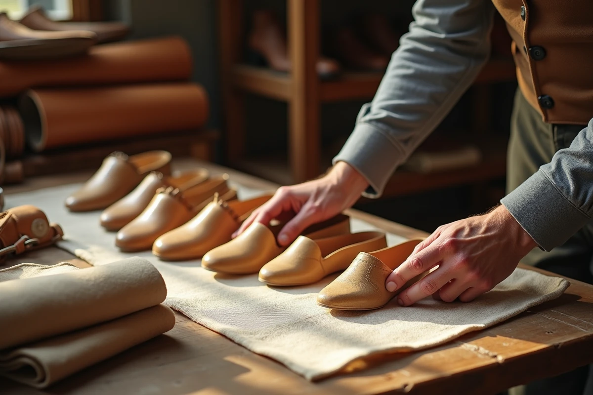 Mains examinant des formes en bois pour chaussures artisanales
