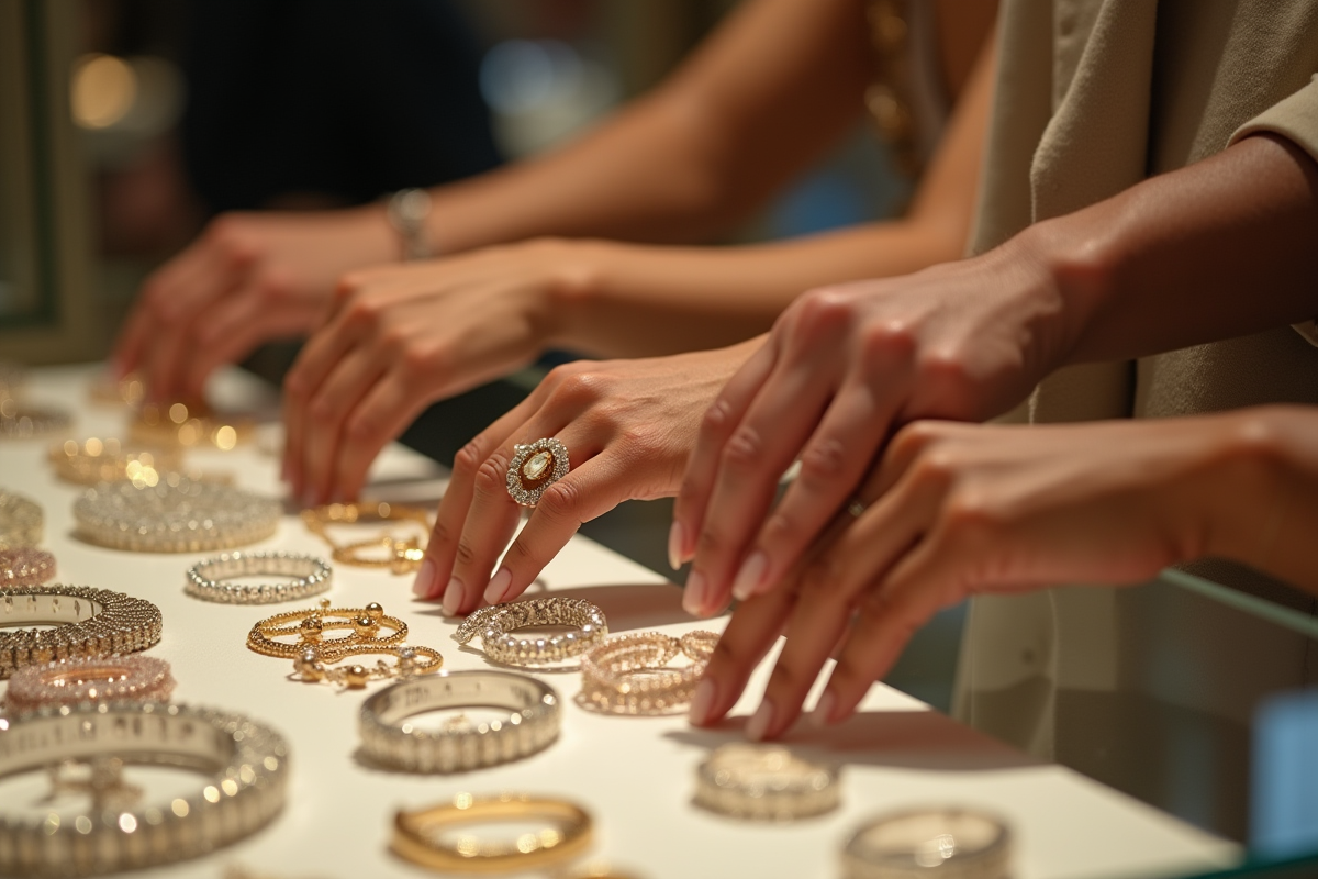 Mains de différentes teintes choisissant des bijoux élégants