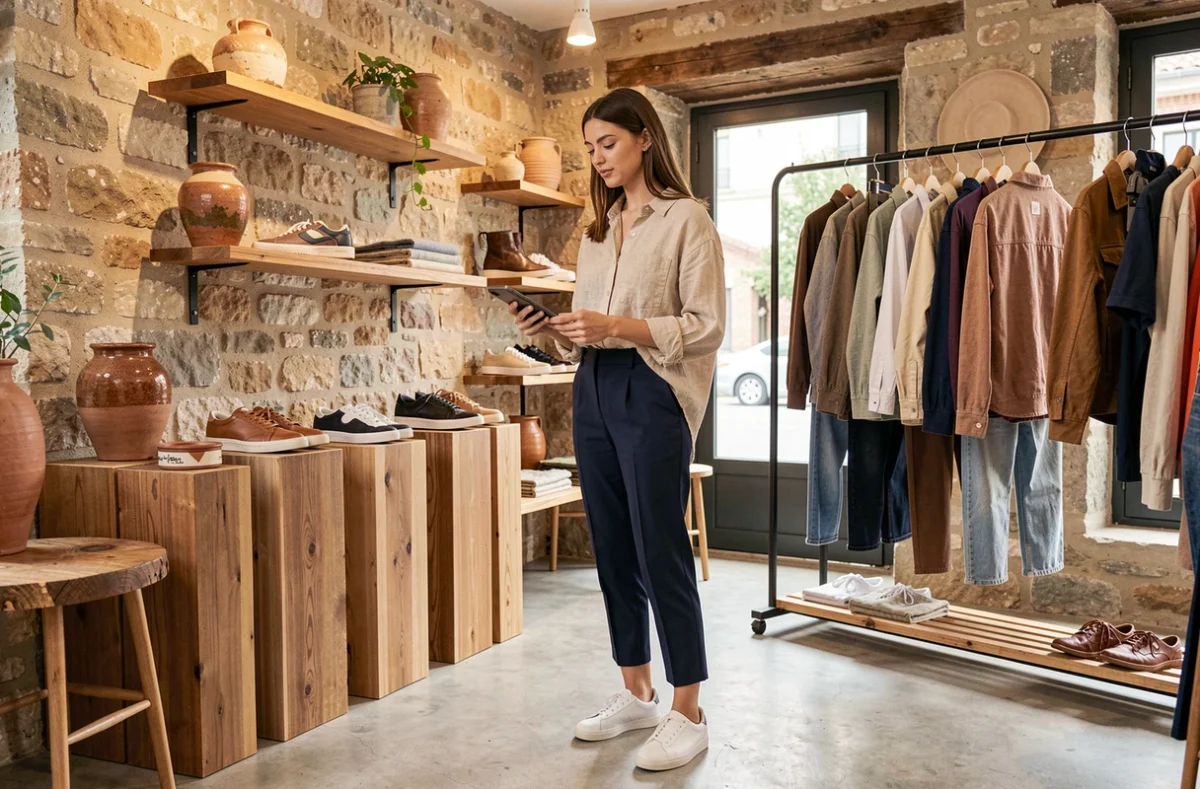 Femme parcourant le concept store Maison Mère à Marseille, avec des sneakers exposées sur des présentoirs en bois brut et des murs en pierre naturelle