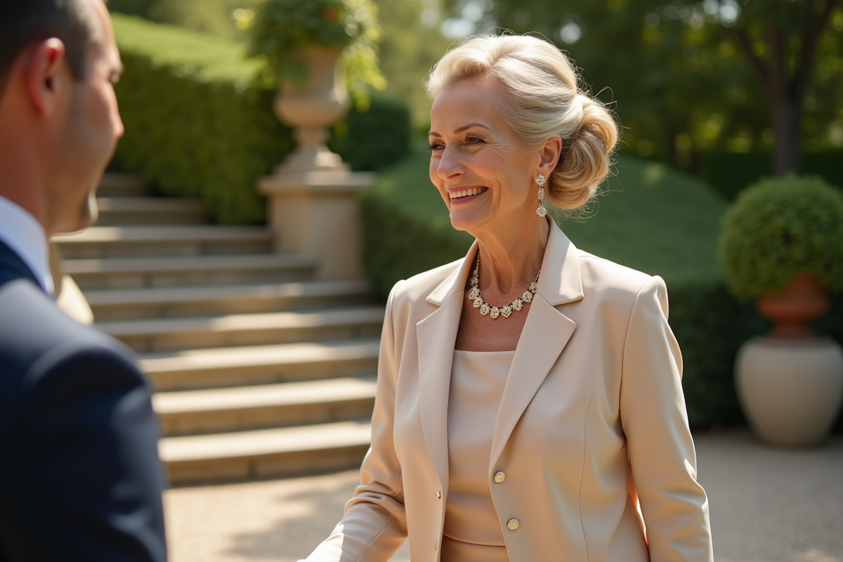 Maman souriante en tenue chic dans le jardin de mariage