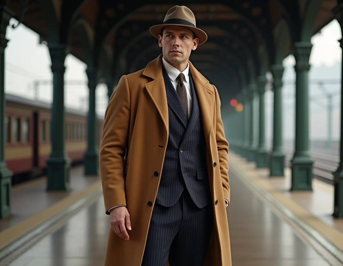 Homme en manteau cachemire camel et costume rayé années 30 sur un quai de gare aux colonnes en fonte