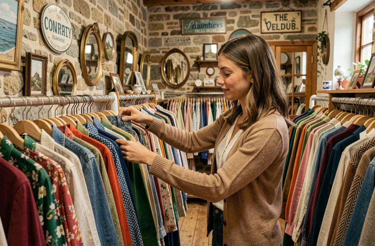 Une jeune femme explore des vêtements vintage dans une friperie bretonne aux murs en pierre et aux miroirs anciens