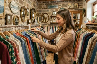 Une jeune femme explore des vêtements vintage dans une friperie bretonne aux murs en pierre et aux miroirs anciens