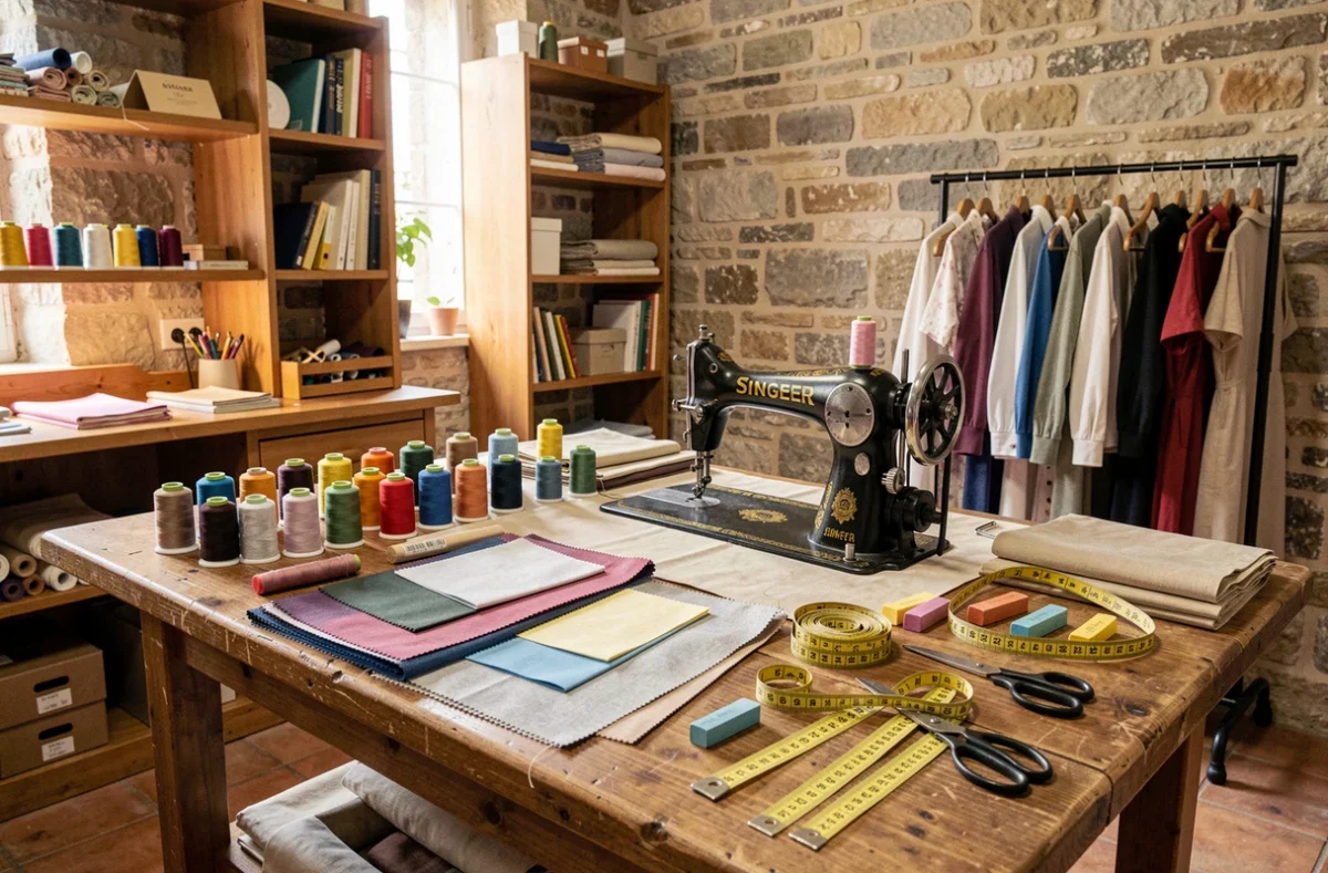 Vue d'ensemble d'un atelier de retoucherie artisanale en Gironde avec machine à coudre, tissus et fils colorés