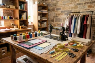 Vue d'ensemble d'un atelier de retoucherie artisanale en Gironde avec machine à coudre, tissus et fils colorés