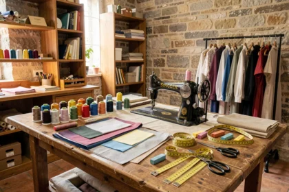 Vue d'ensemble d'un atelier de retoucherie artisanale en Gironde avec machine à coudre, tissus et fils colorés