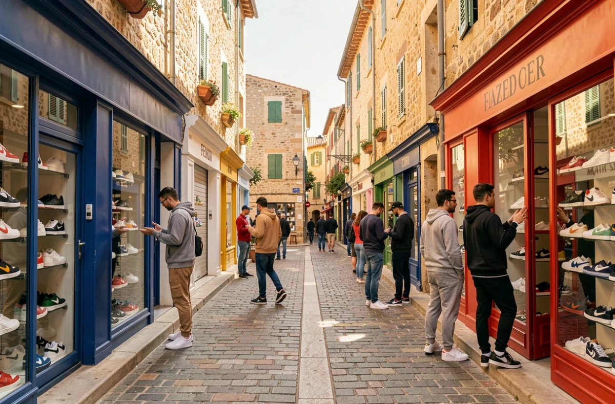 Vue panoramique d'une rue commerçante ensoleillée en Provence avec des boutiques de baskets et des passants en tenue streetwear