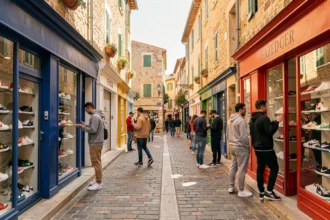 Vue panoramique d'une rue commerçante ensoleillée en Provence avec des boutiques de baskets et des passants en tenue streetwear