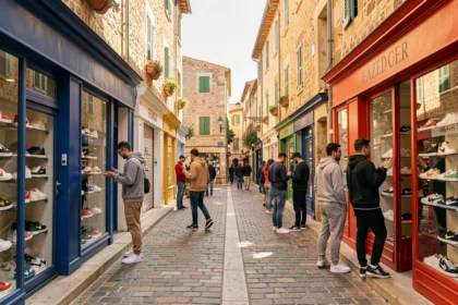 Vue panoramique d'une rue commerçante ensoleillée en Provence avec des boutiques de baskets et des passants en tenue streetwear