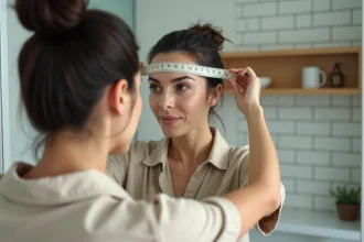 Femme mesurant son tour de tête avec un mètre ruban souple devant un miroir de salle de bain