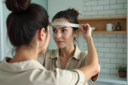Femme mesurant son tour de tête avec un mètre ruban souple devant un miroir de salle de bain