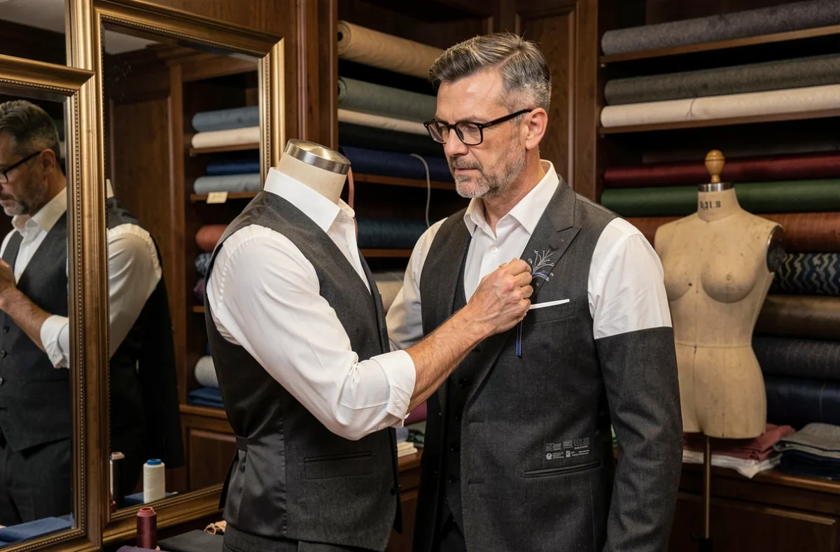 Tailleur professionnel marquant les retouches sur un costume homme dans l'atelier MG Tailleur à Bordeaux