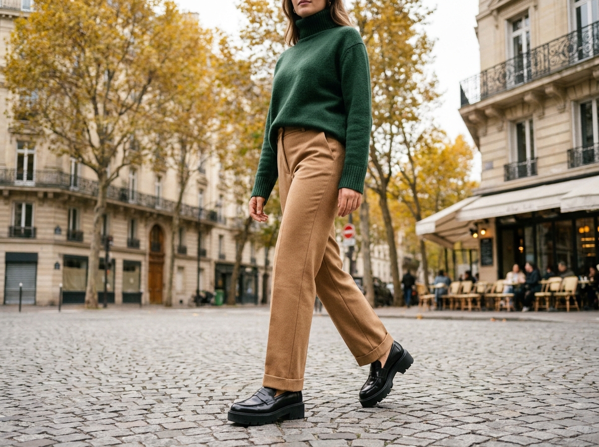 Femme portant des mocassins à semelle plateforme noire en cuir dans une rue pavée parisienne en automne, mode chaussures tendance
