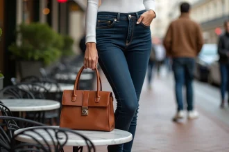 Jeune femme parisienne en jean indigo et sneakers blanches avec un sac à main en cuir cognac à anse rigide posé sur une table de café en marbre