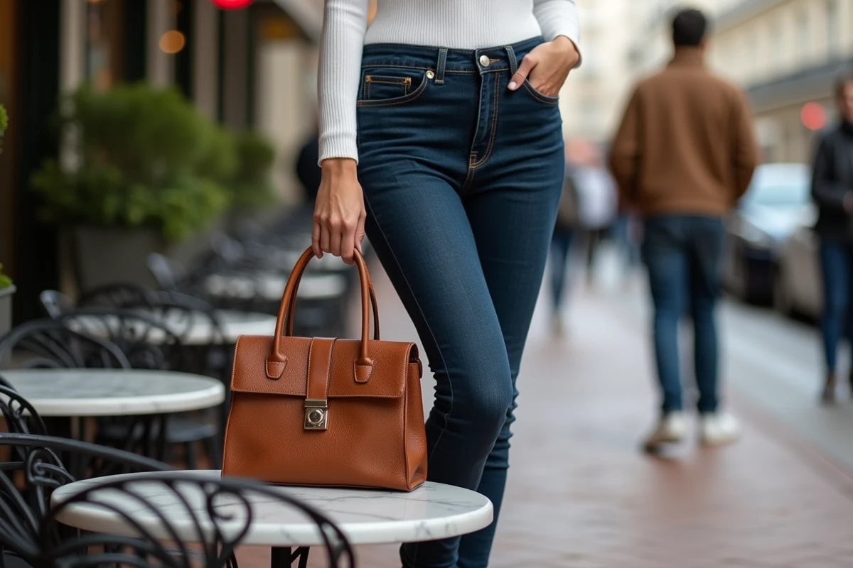 Jeune femme parisienne en jean indigo et sneakers blanches avec un sac à main en cuir cognac à anse rigide posé sur une table de café en marbre