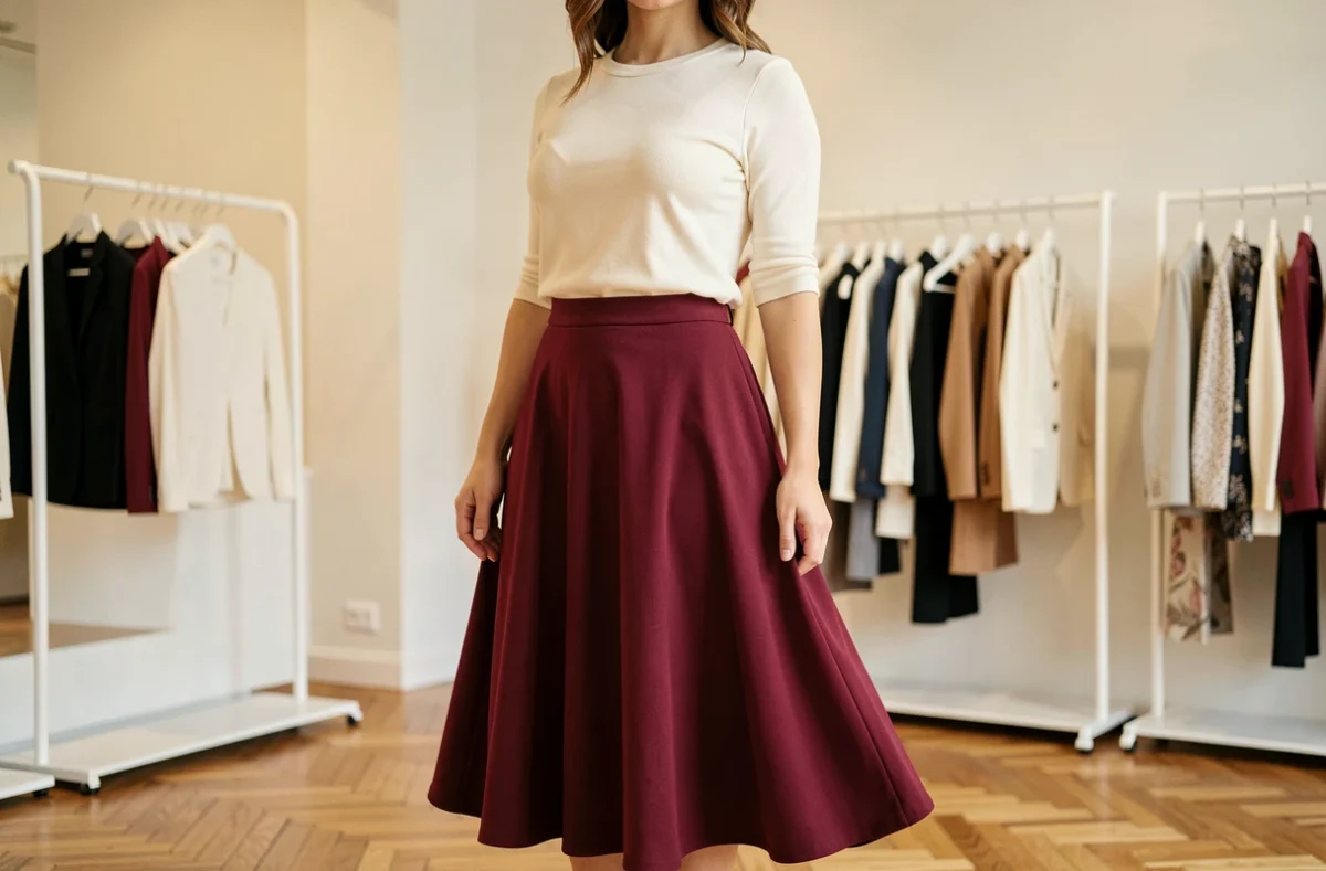 Femme morphologie en A portant une jupe mi-longue évasée et un chemisier ajusté dans une boutique parisienne