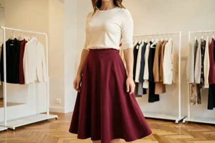 Femme morphologie en A portant une jupe mi-longue évasée et un chemisier ajusté dans une boutique parisienne