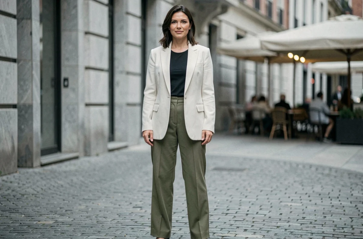 Femme morphologie en H habillée d'un blazer structuré et d'un pantalon large dans une rue urbaine moderne