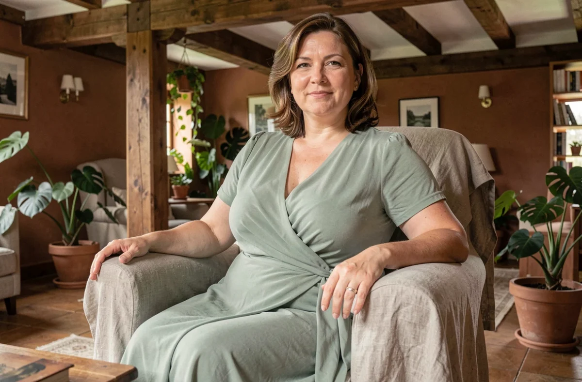 Femme morphologie en O portant une robe portefeuille fluide vert sauge assise dans un salon décoré avec charme