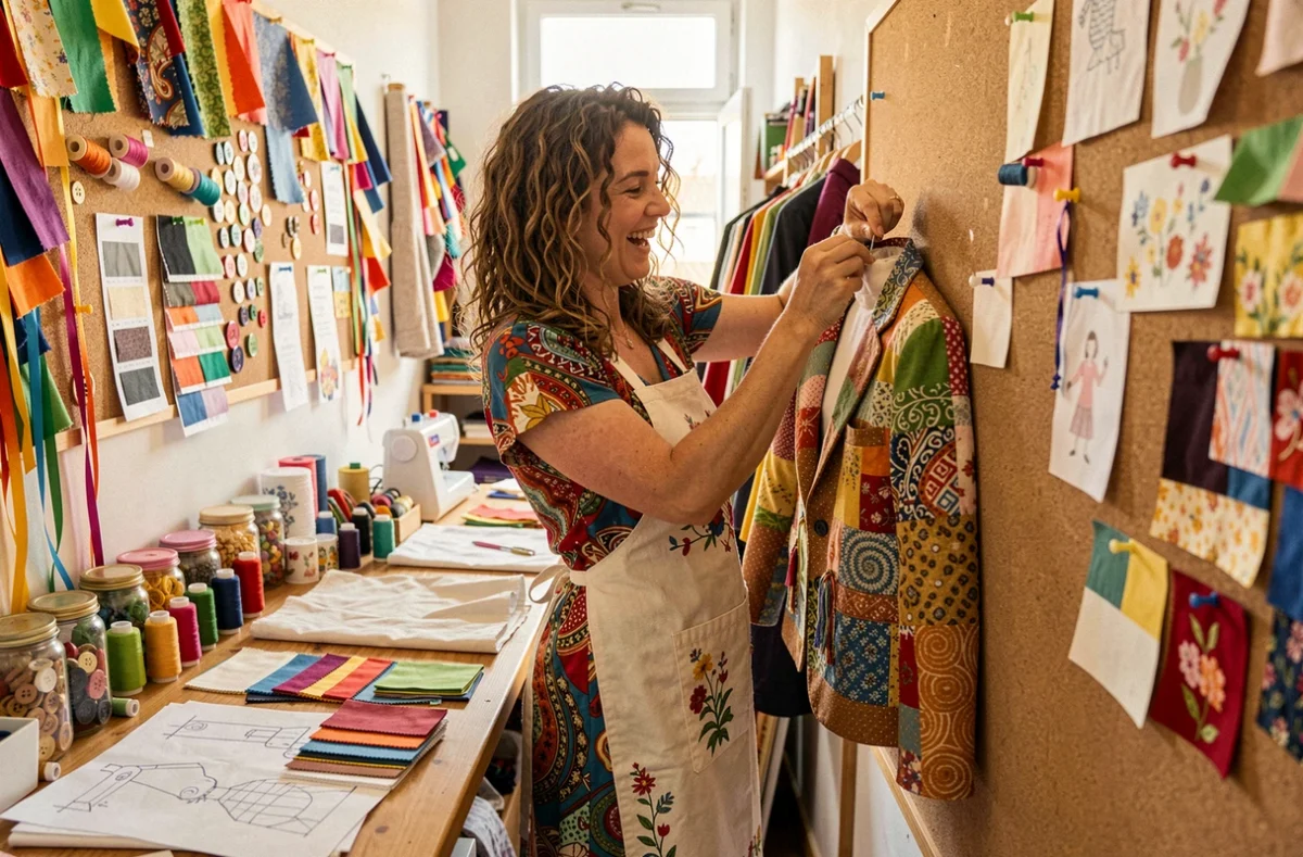 Couturière créative retouchant une veste patchwork colorée dans l'atelier Ntl Création Aux P'tites Mains en Gironde
