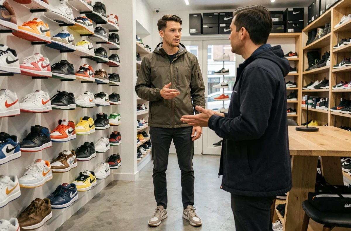 Client discutant avec un expert sneakers dans la boutique spécialisée OS Sneakers à Marseille, entourés de modèles pointus en exposition murale