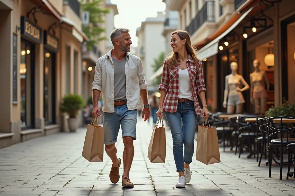 Père et fille discutent en marchant dans une rue commerçante animée