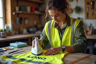 Femme personnalisant un gilet jaune en urgence avec des lettres thermocollantes à son établi