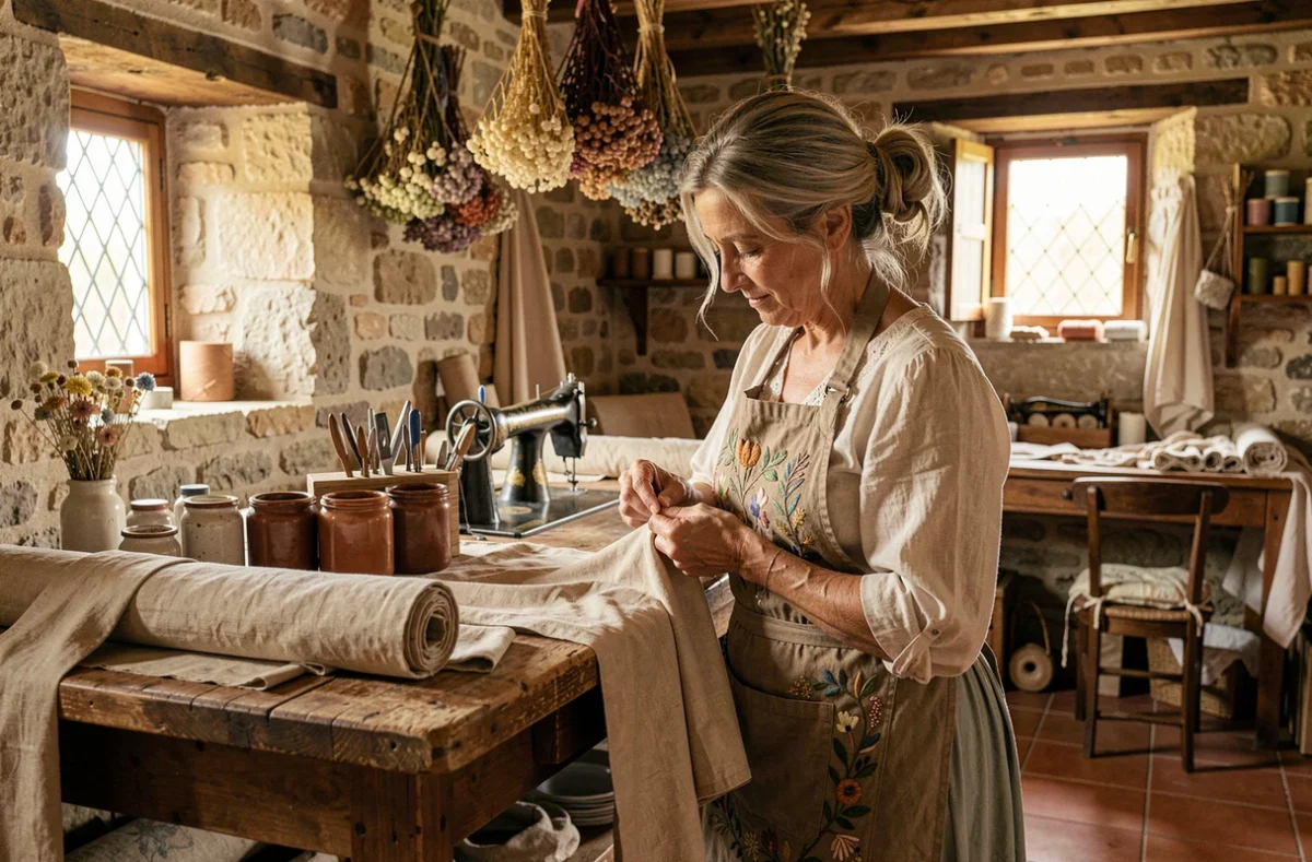 Couturière artisanale réalisant des retouches à la main sur un vêtement vintage dans l'atelier Pia Couture en Gironde