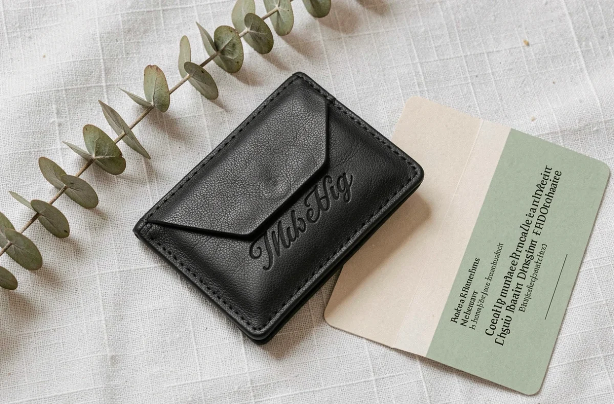 Vue de dessus d'un portefeuille en cuir noir personnalisé avec initiales gravées, posé sur du lin blanc, idée cadeau haut de gamme pour occasion spéciale