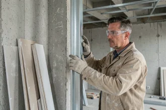 Poseur de montant métallique ML 48 50 fixant un profilé vertical sur un chantier de construction intérieure