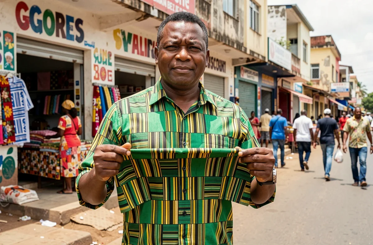Homme testant la qualité du tissu d'une chemise africaine Kente dans une rue commerçante d'Abidjan