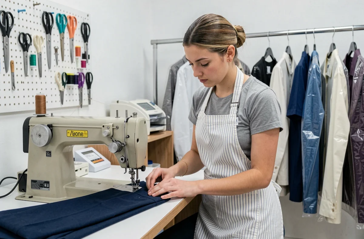Couturière réalisant des retouches rapides sur un pantalon dans l'atelier Rapid'Couture à Bordeaux et Mérignac