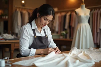 Retoucheuse experte qui effectue des retouches express sur une robe de mariée dans une boutique de couture à Sainte-Geneviève-des-Bois