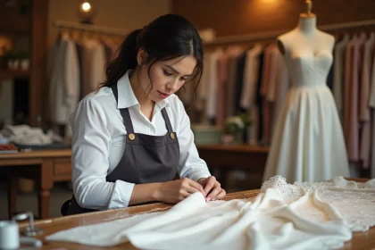 Retoucheuse experte qui effectue des retouches express sur une robe de mariée dans une boutique de couture à Sainte-Geneviève-des-Bois