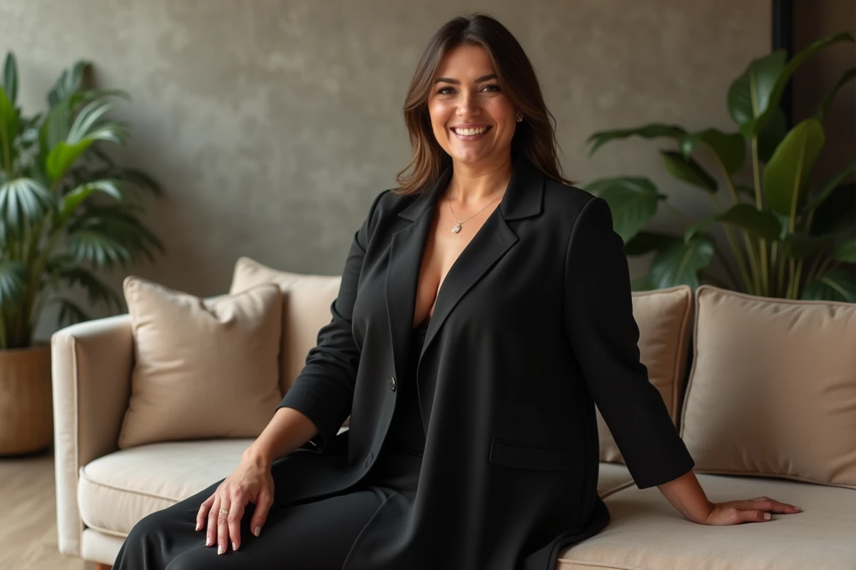 Femme ronde assise en robe blazer noire asymétrique, look sophistiqué et confortable pour silhouette généreuse
