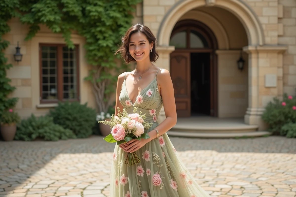 Femme en robe cocktail fleurie mi-longue devant une mairie française pour un mariage civil